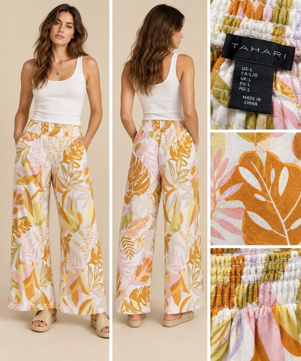 Tahari Womens L Tropical Floral Wide Leg Pants Smocked Waist Resort Boho